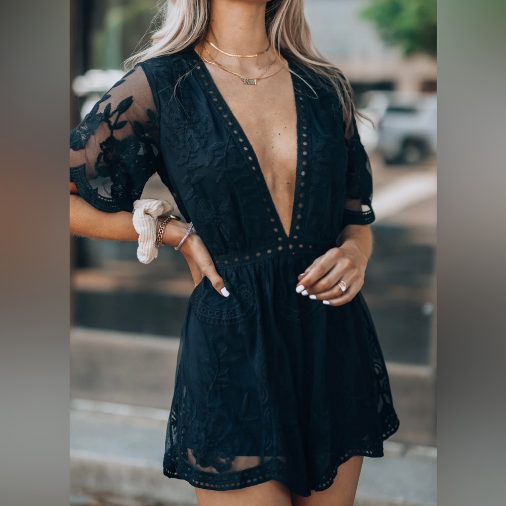 Promesa Black Lace Romper with Deep V